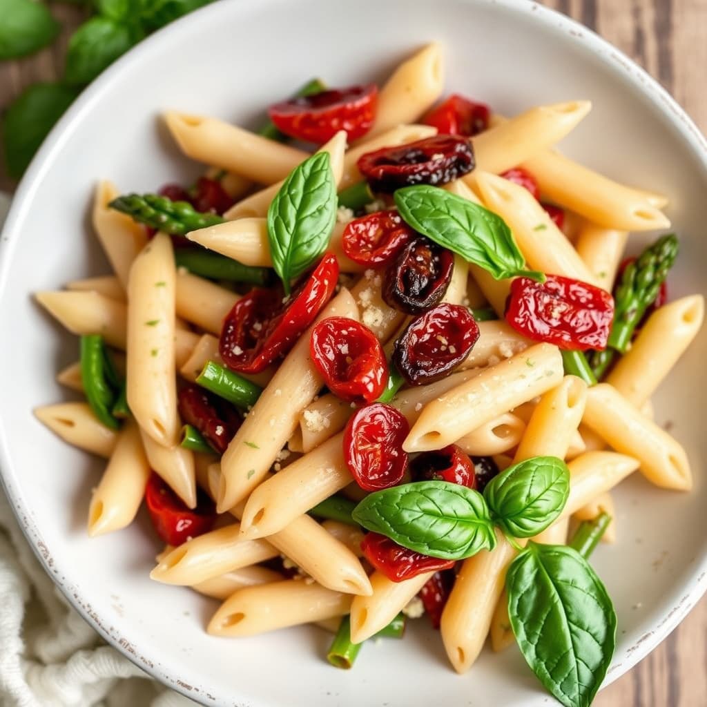 Penne-pastasalat med soltørkede tomater, asparges og basilikum