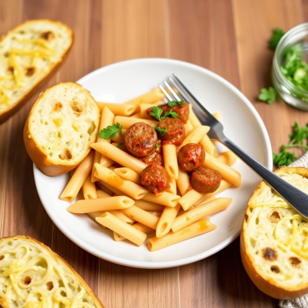 Pennepasta med pølse og ostete hvitløksbrød