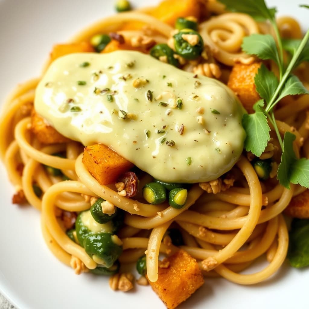 Pepitasaus og pistasjsaus med ovnsbakt gresskar og fullkornspenne