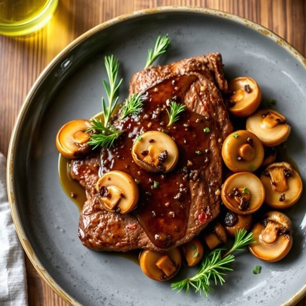 Peppercorn Demi NY Strip Steak med olivenoljepoteterte sopp