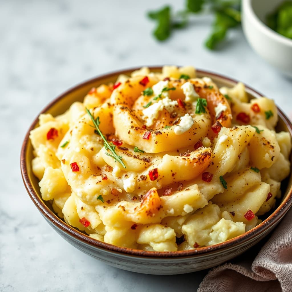 Pepret geitost-purreløkpotetmos