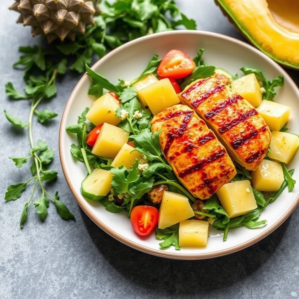 Pepret kylling, ananas- og ruccolasalat