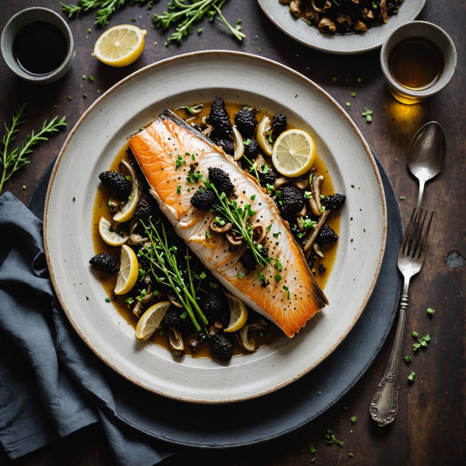 Pergamentkokt fisk med moreller, vårløk og timian