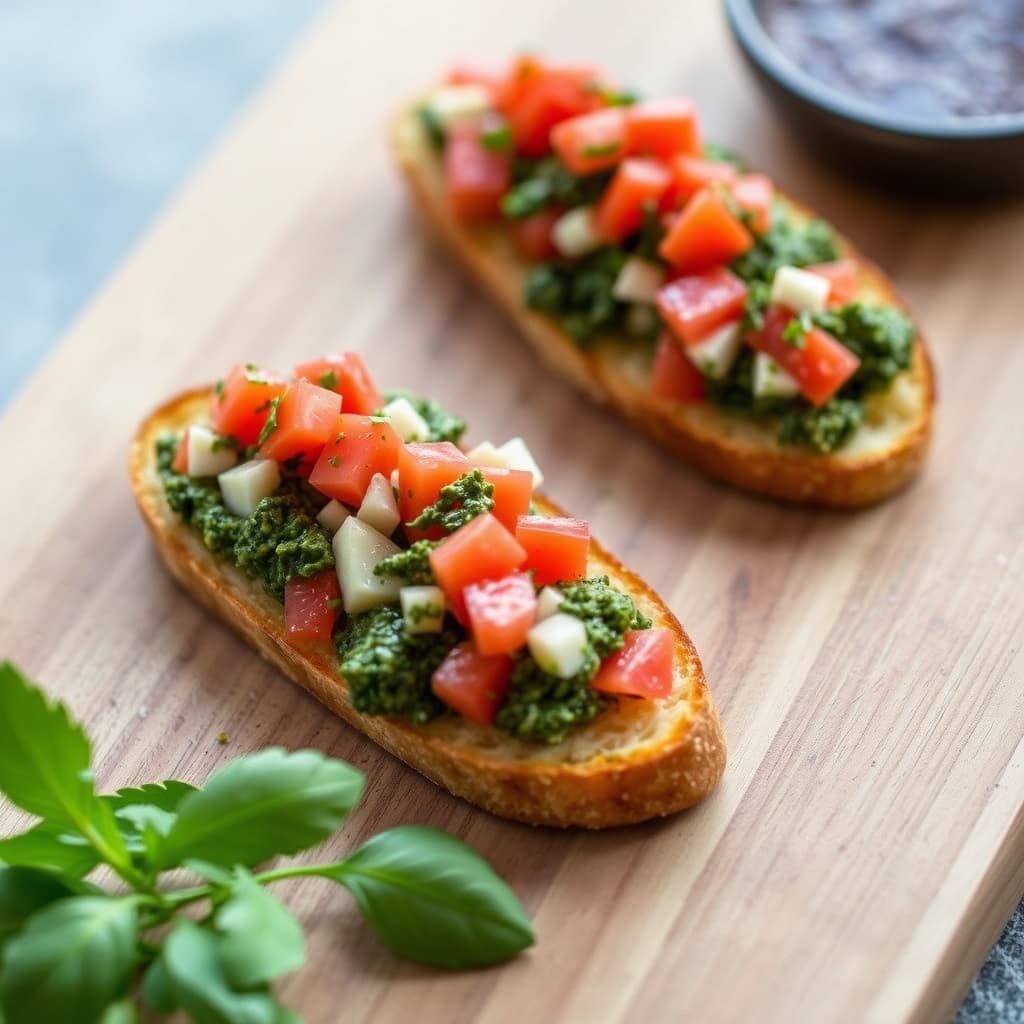 Pesto-bruschetta på hvitløkscrostini