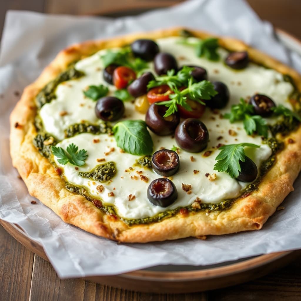 Pesto-, oliven- og grillede paprika-gedostortilla