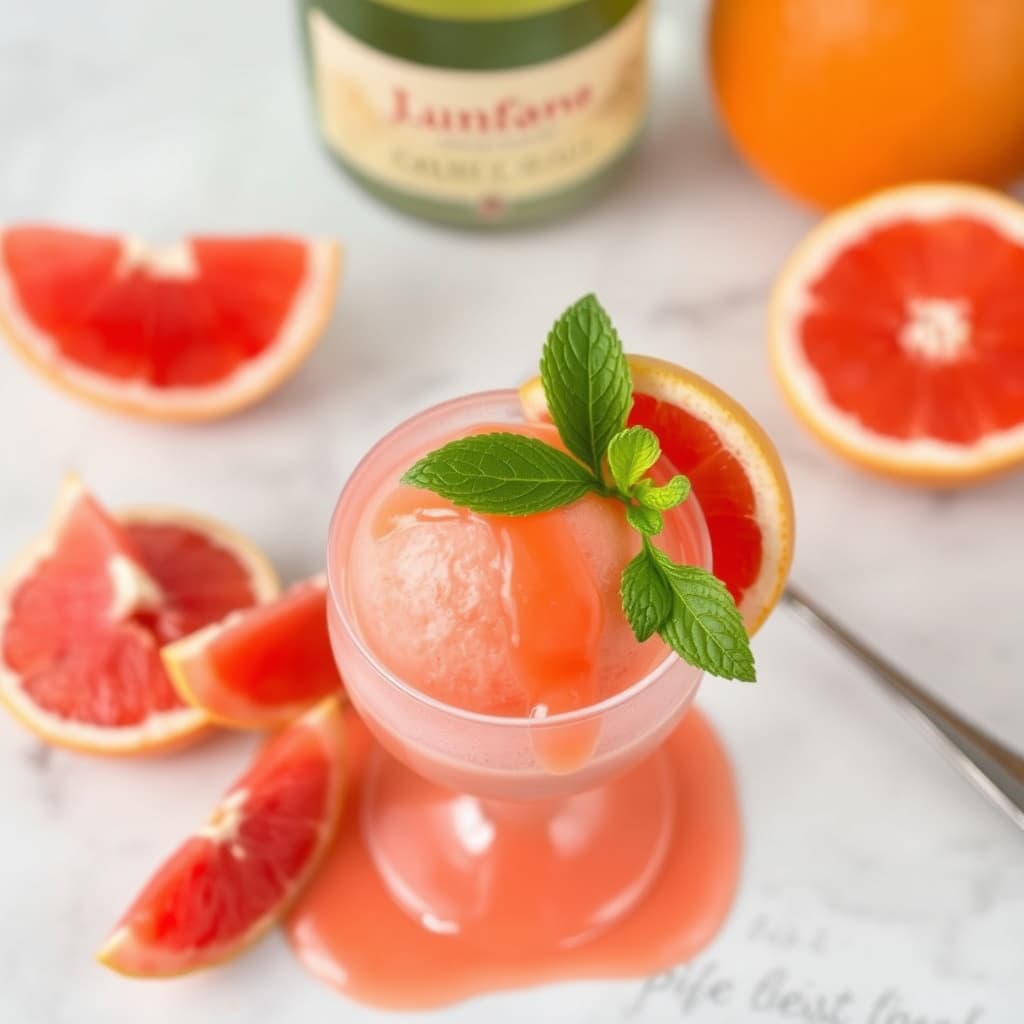 Pink grapefruktchampagnesorbet med rosa grapefruktssaus