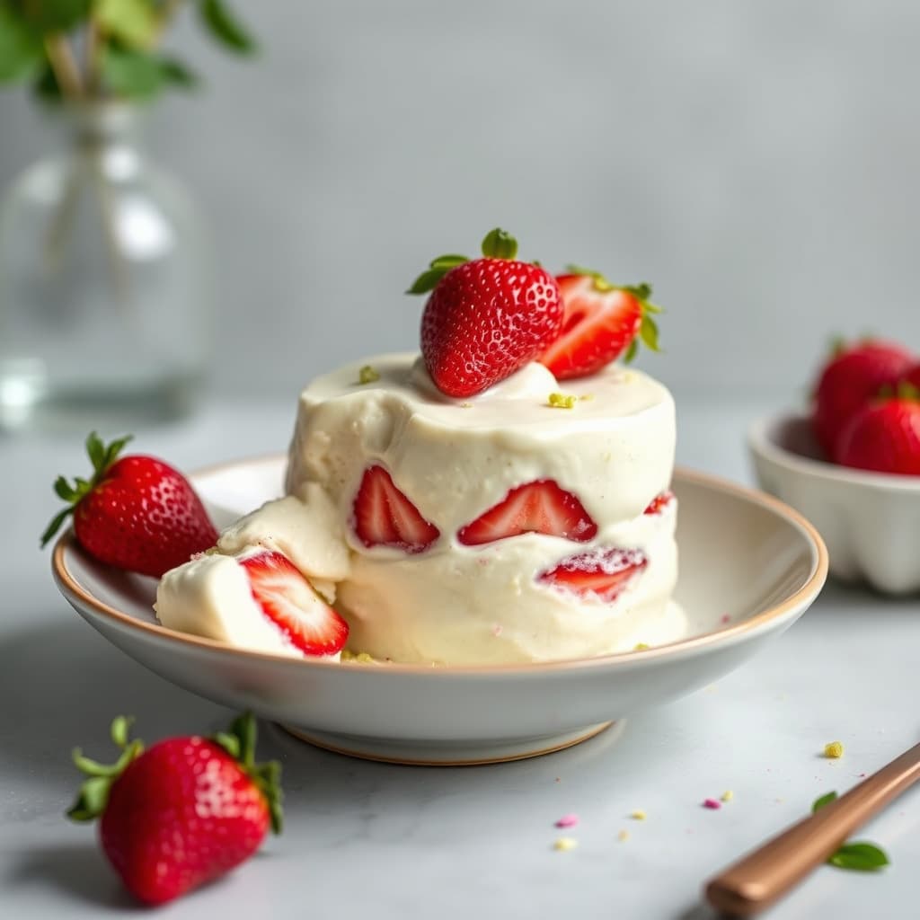 Pistasj-, jordbær- og vaniljesemifreddo