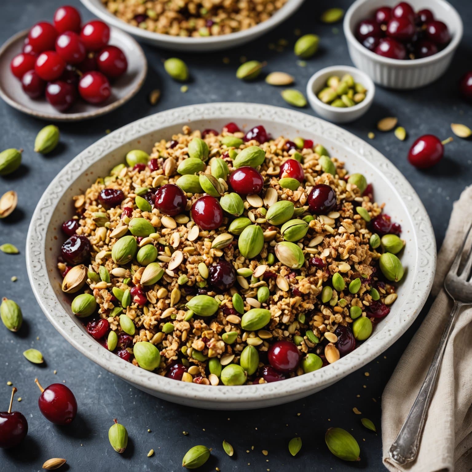 Pistasj- og kirsebærcrumble