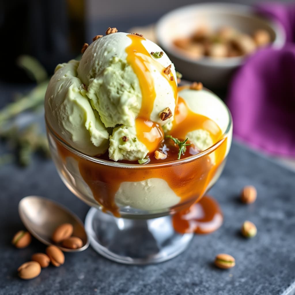 Pistasjiskrem med timian- og cabernet-karamell