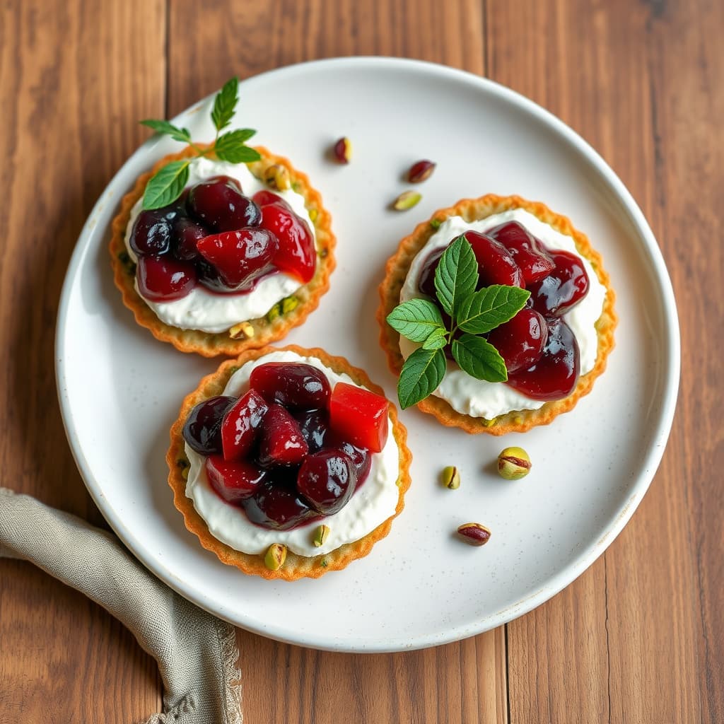 Pistasjkrisp med mascarponeost og druekompott