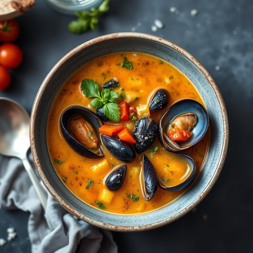 Pistou-grønnsakssuppe med blåskjell