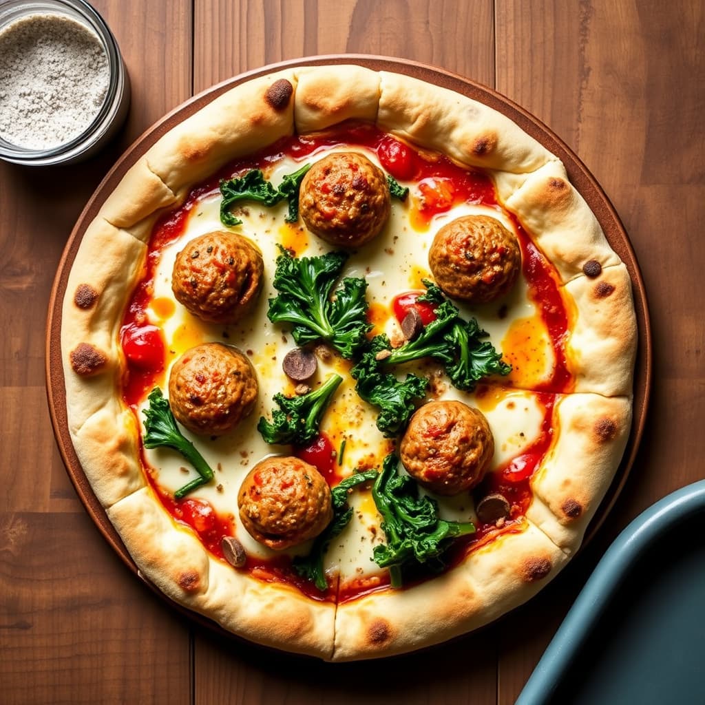Pizza Bianca med grønnkål og kjøttboller