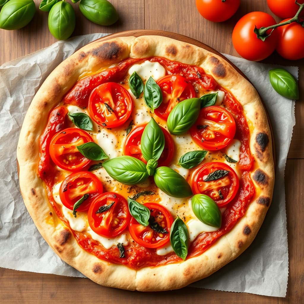 Pizza med ferske tomater og basilikum