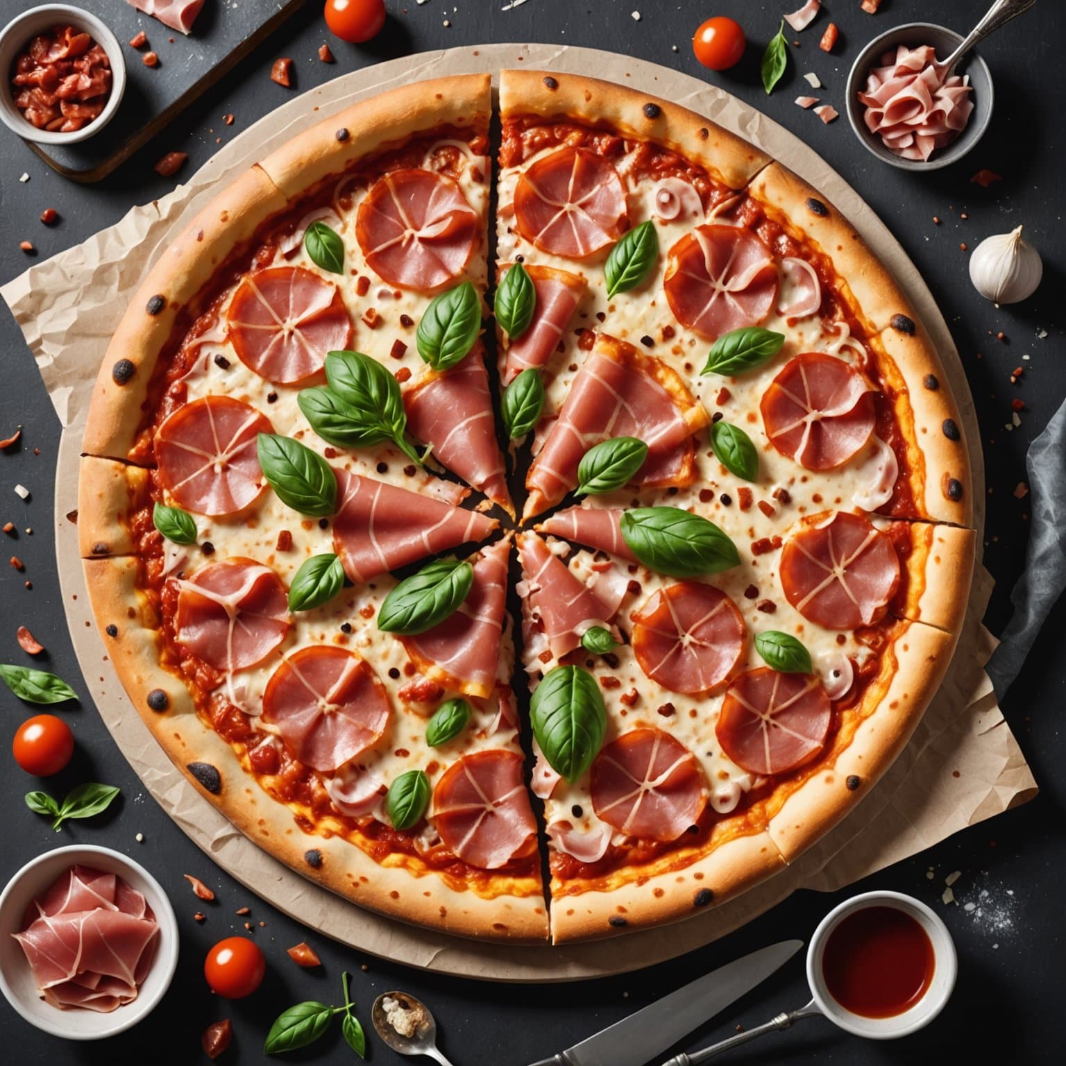 Pizza med mortadella og prosciutto