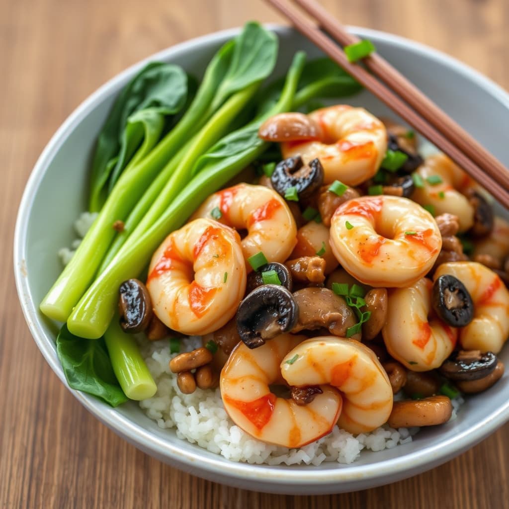 Plantasjonsshrimp med shiitakesopp og babybok choy