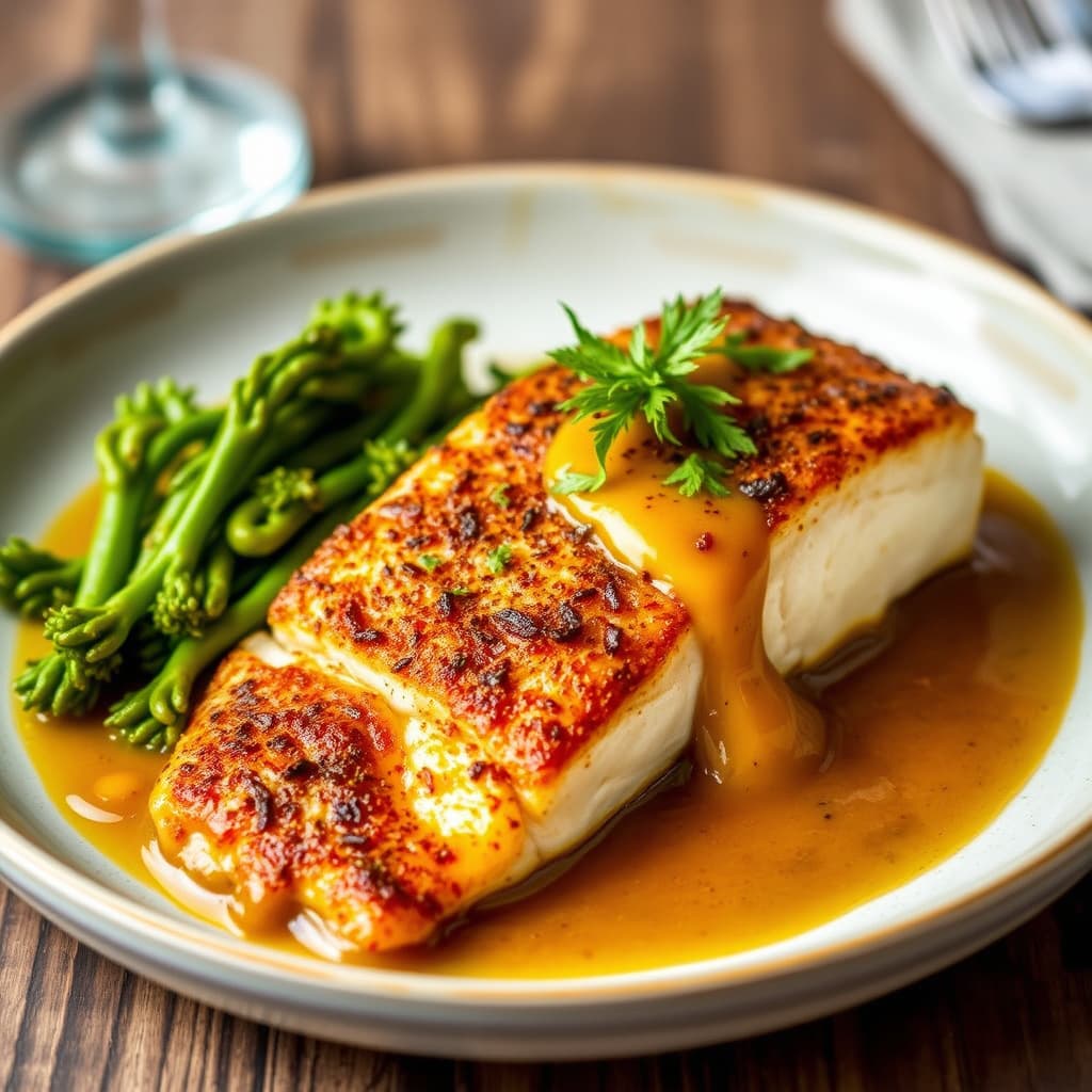 Plantebunnskledd sjøbass med mangovinsaus