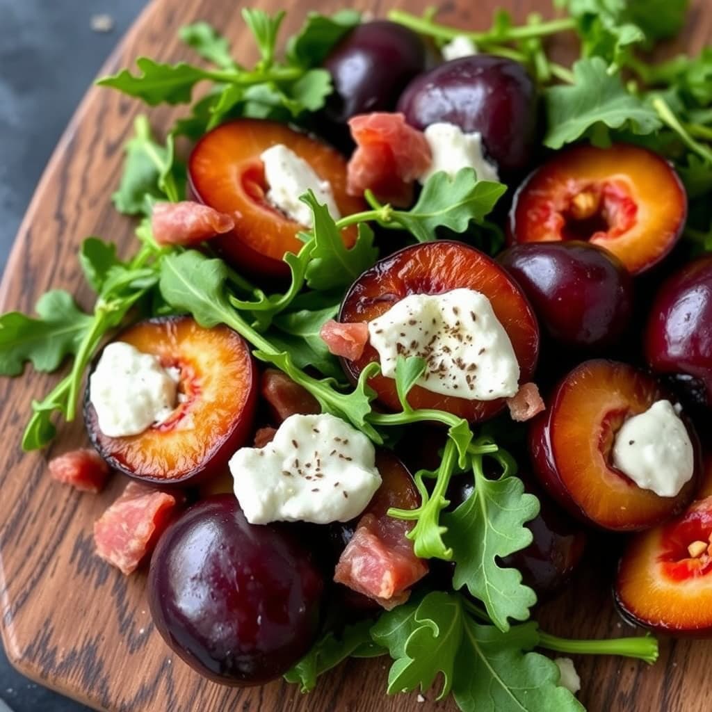 Plommer med prosciutto, geitost, babyruccola og champagneeddik