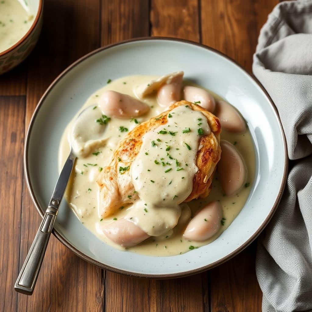 Poached Chicken i normannsk stil med epleciderkremsaus