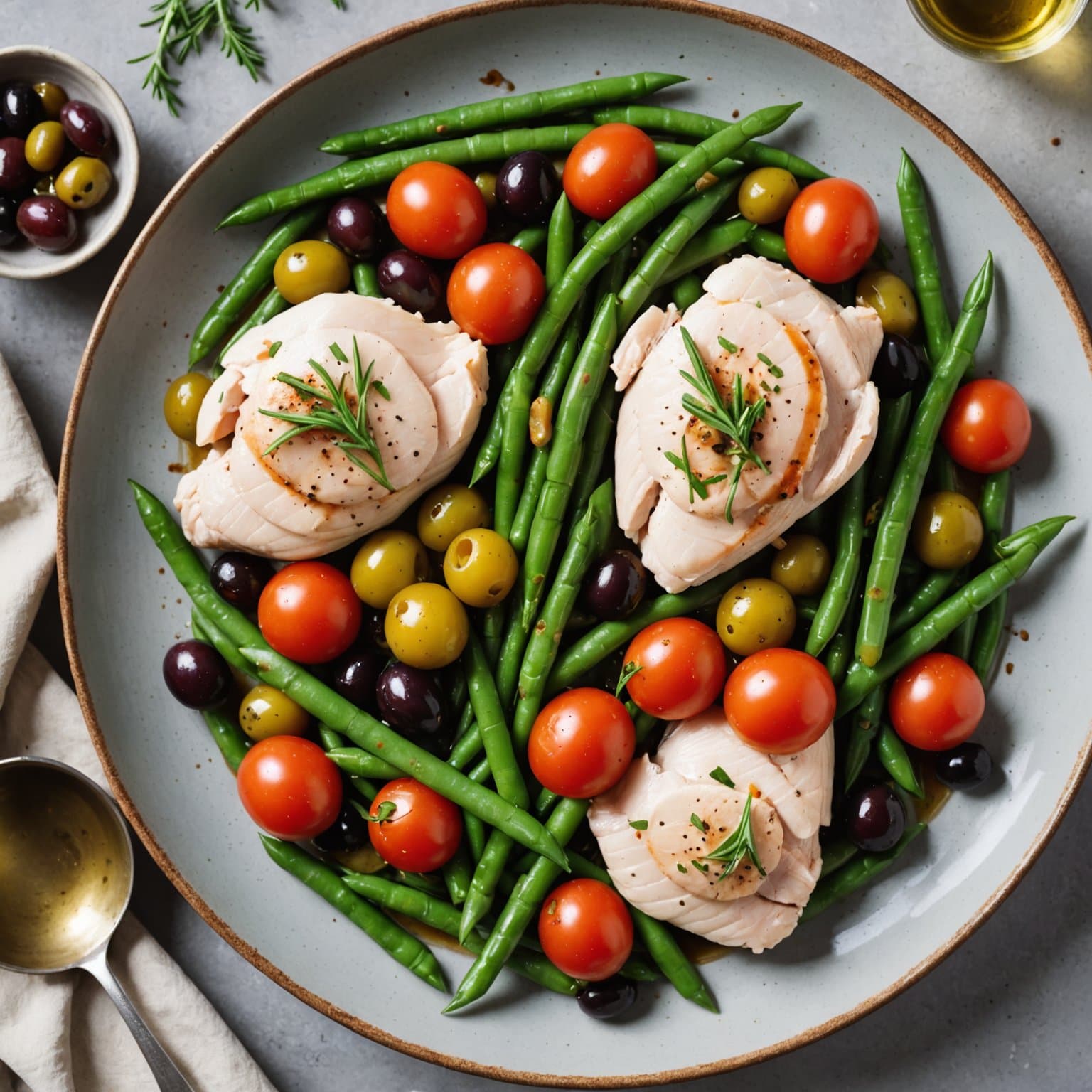 Poached Chicken med tomater, oliven og grønne bønner
