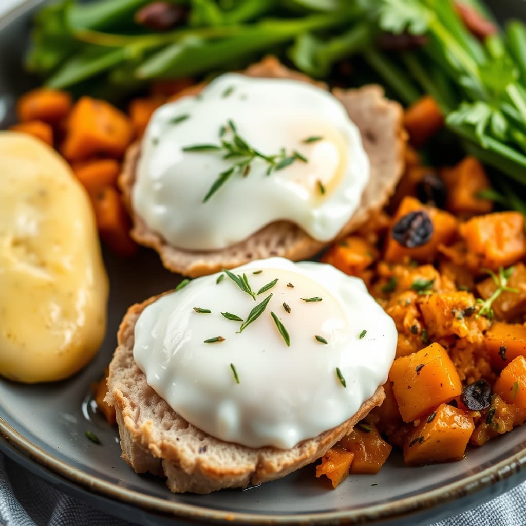Poached Eggs med urterostet kalkunbryst og søtpotethash