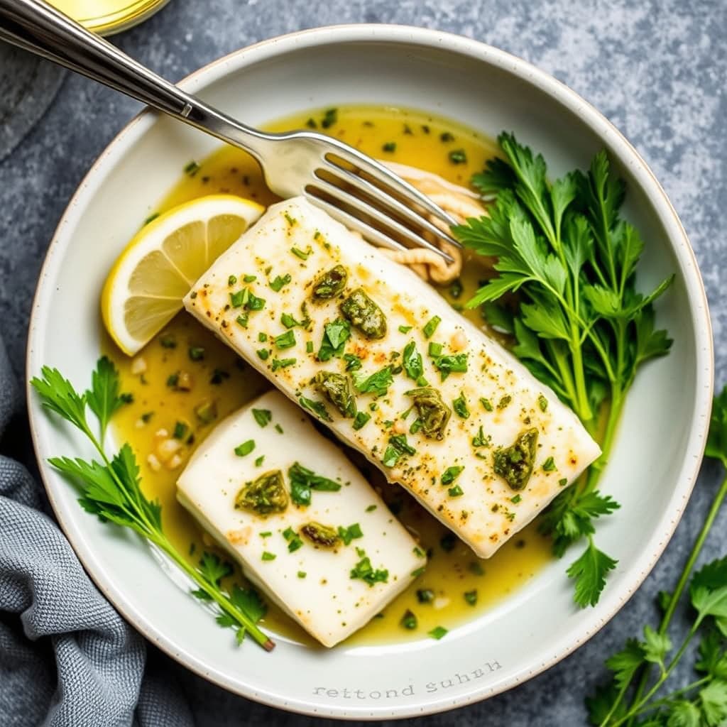 Poached halibut i varm urtevinaigrette