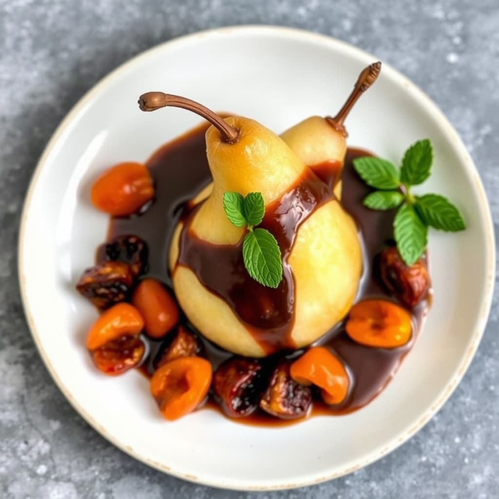 Poached Pear og Tørkede Aprikoser med Sjokoladesaus