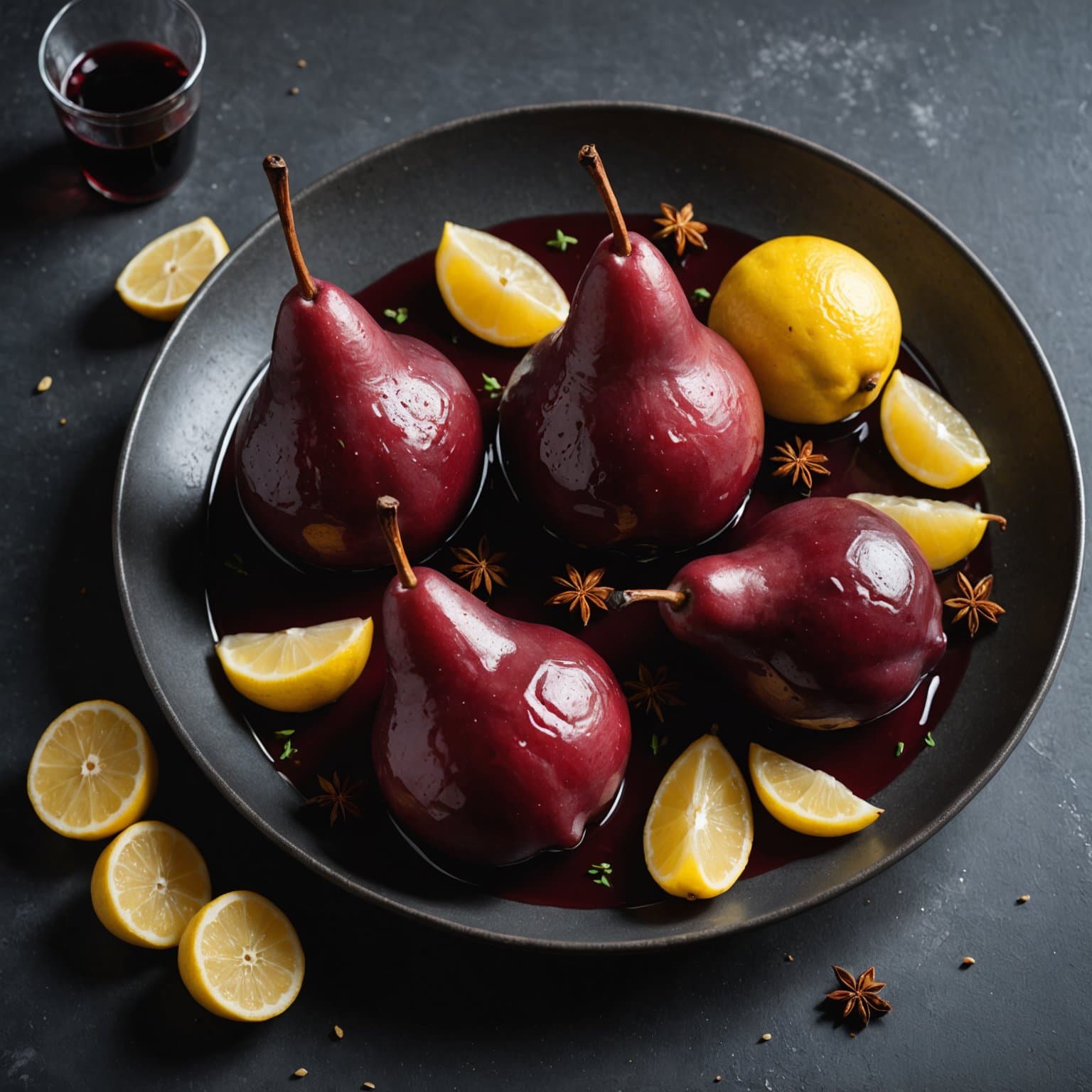 Poached Pears in Red Wine with Anise and Lemon