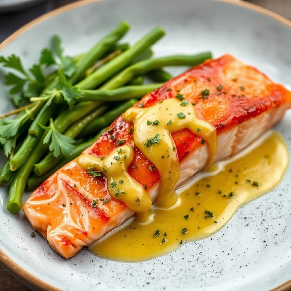 Poached Sockeye Salmon med senneps- og urte-saus