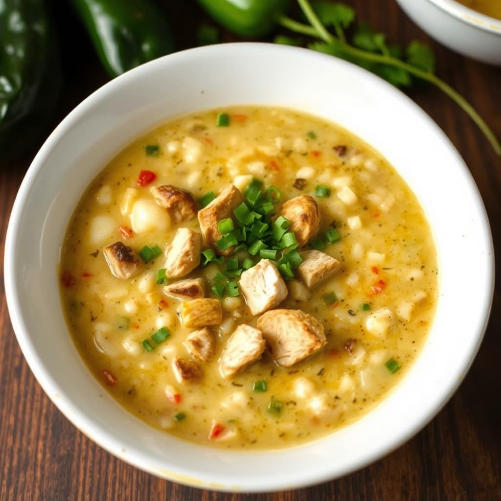 Poblano- og røkt kyllingsuppe med hominy