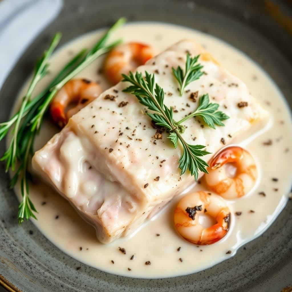 Pocheret laks med trøfler og reker i kremsaus