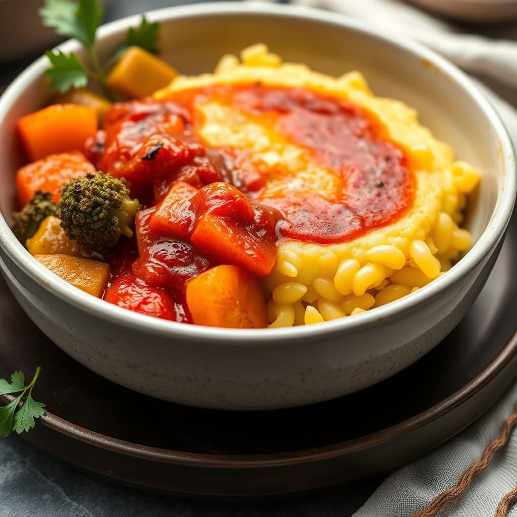 Polenta og grønnsaker med ovnsbakt rød peppersaus