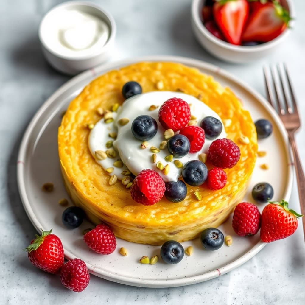 Polentakake med appelsinblomst-yogurt, bær og pistasj