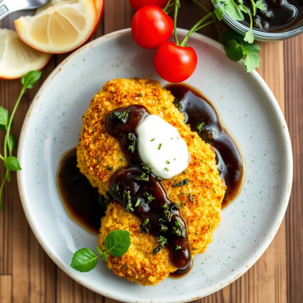 Polentapanert kylling med balsamico-kapersaus i panne