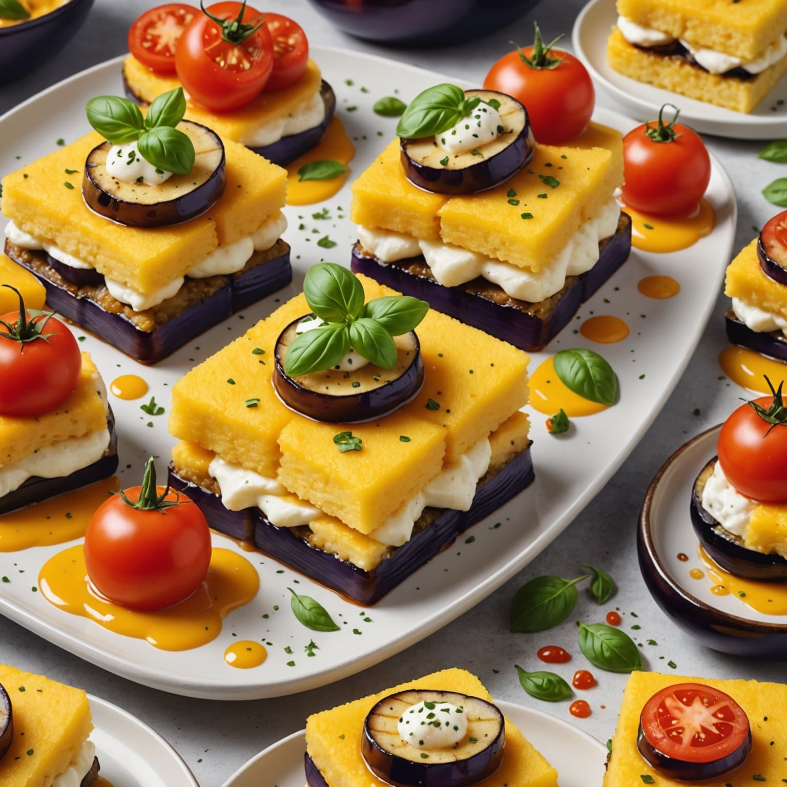 Polentastabler med aubergine, tomat og mozzarella