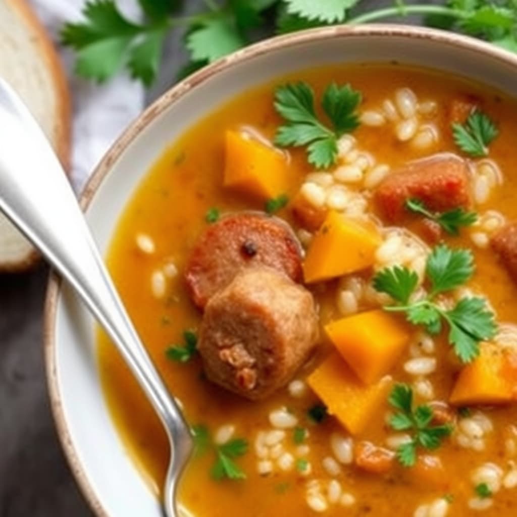 Pølse-, gresskar- og arborio-suppe