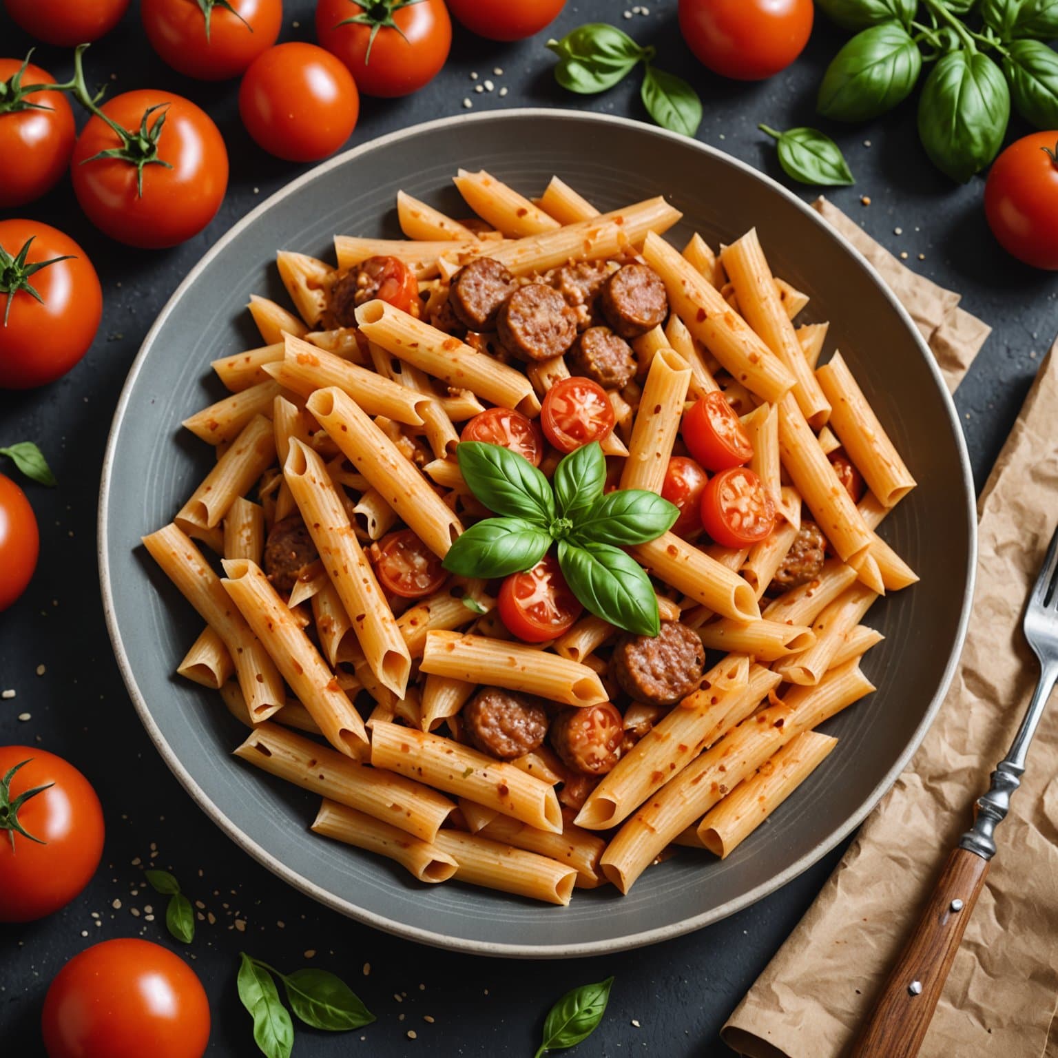 Pølse med saus og tomater