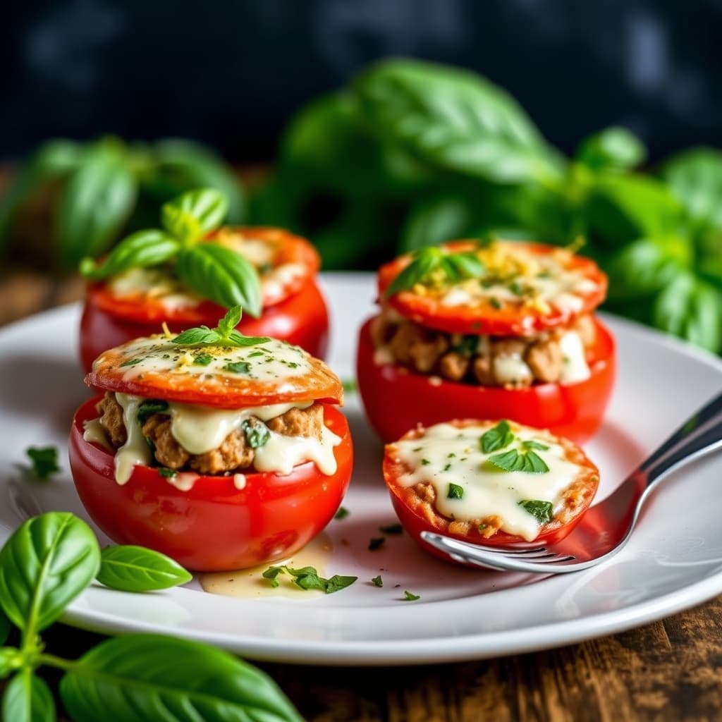Pølse- og basilikumfylte tomater