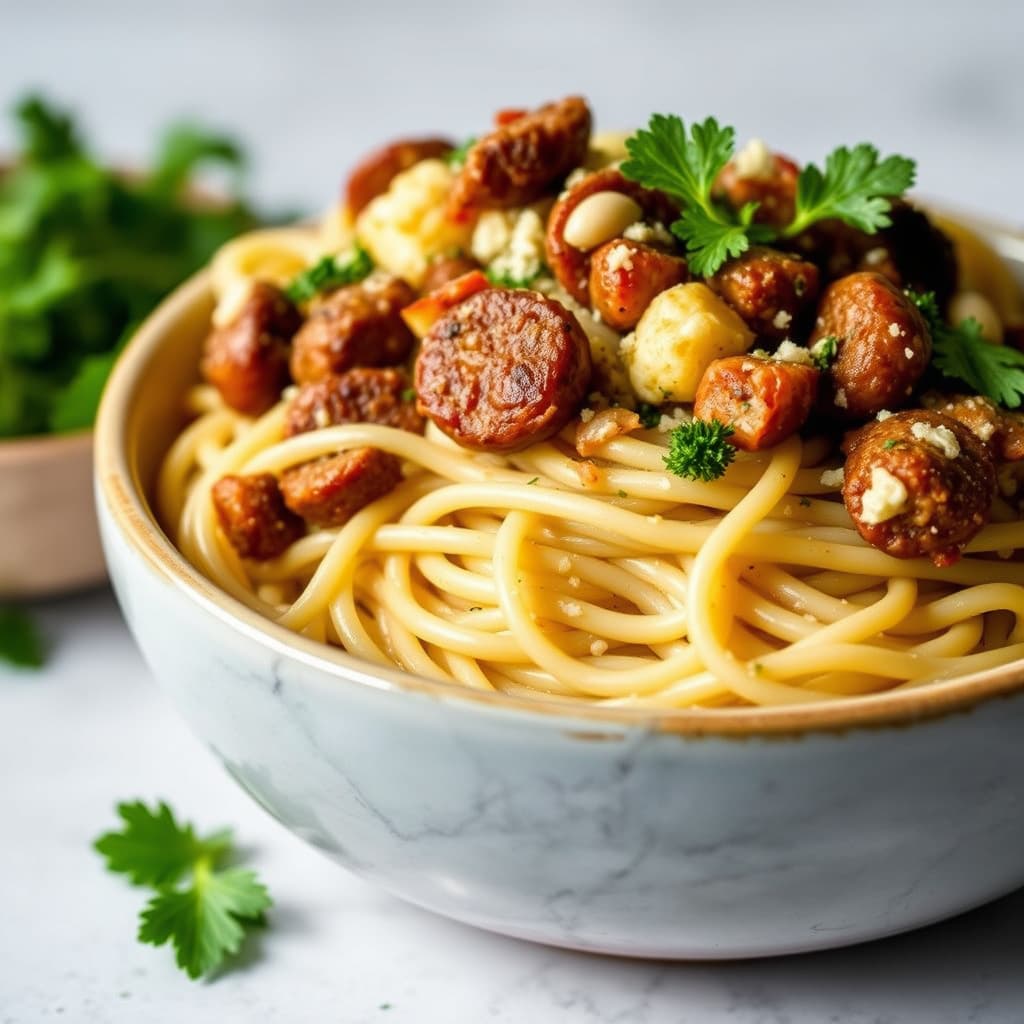 Pølse- og blomkålspaghetti