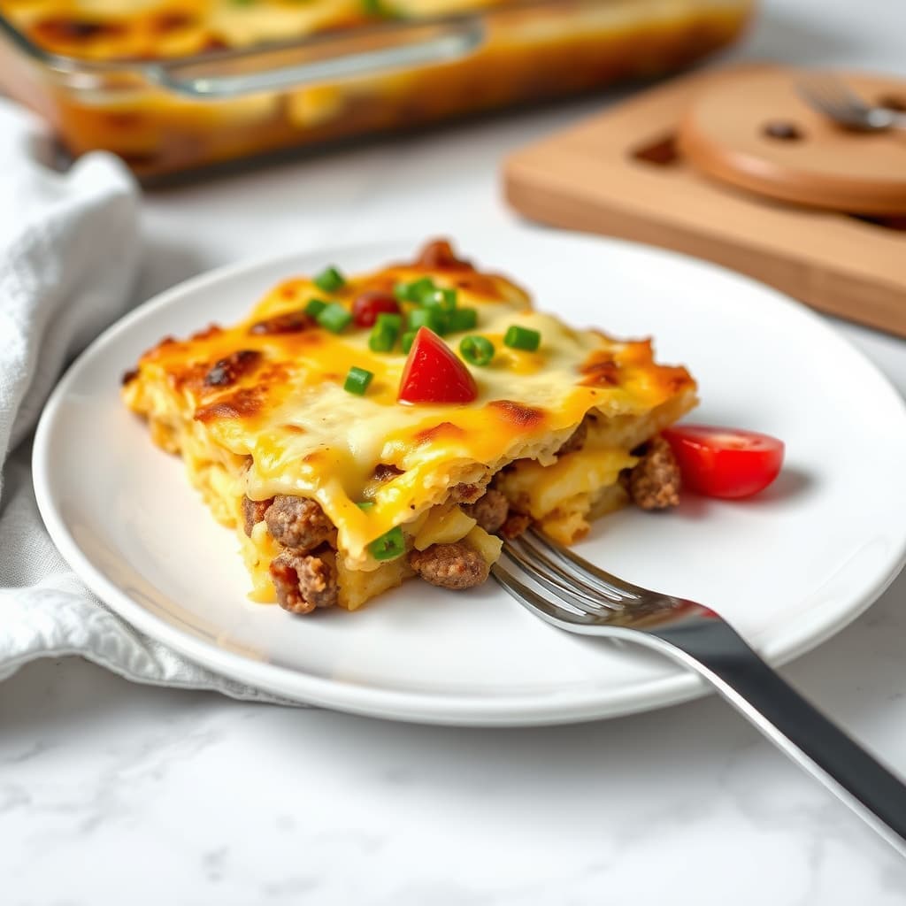 Pølse- og ostepannekake til frokost i form av en gryte