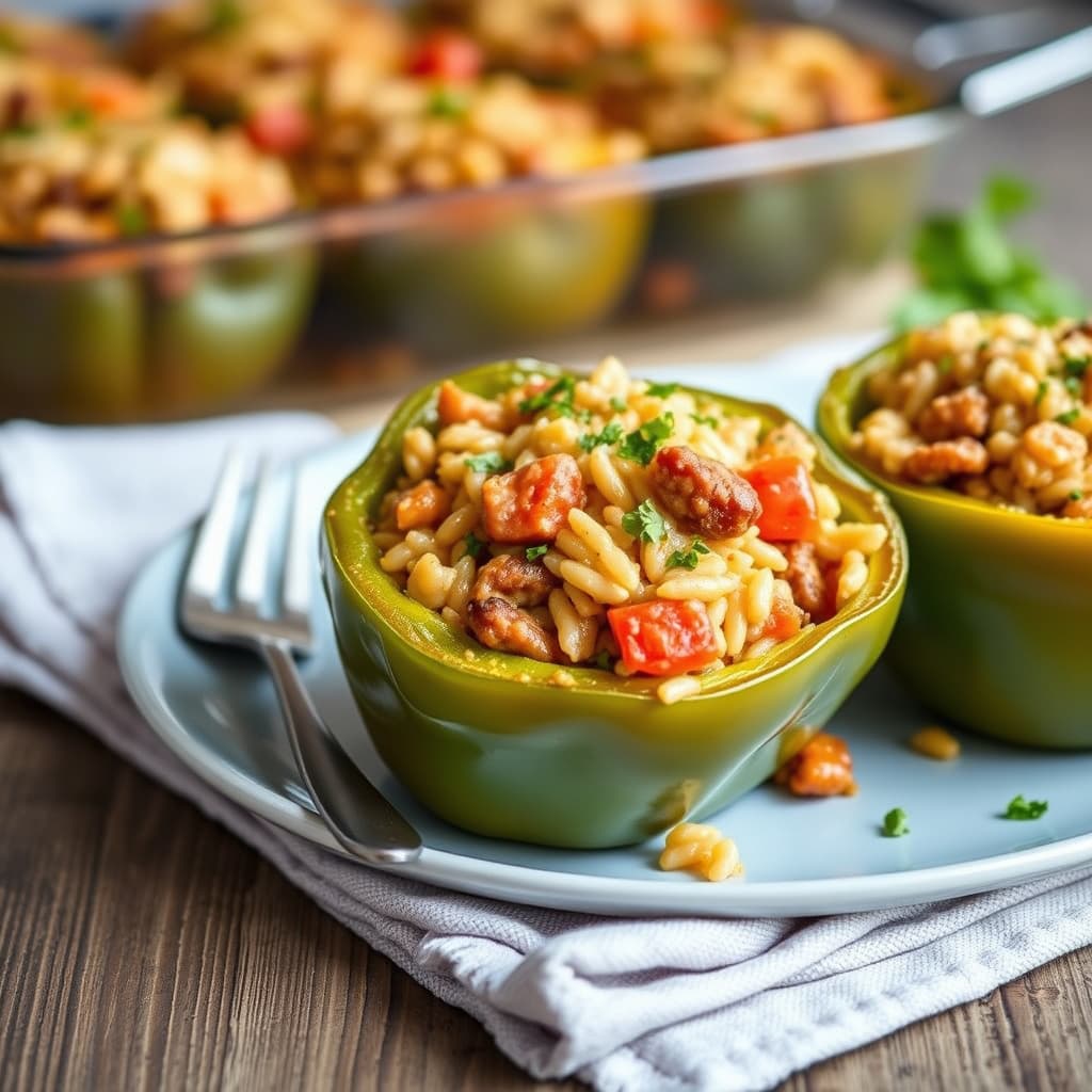 Pølse- og risfylte paprika