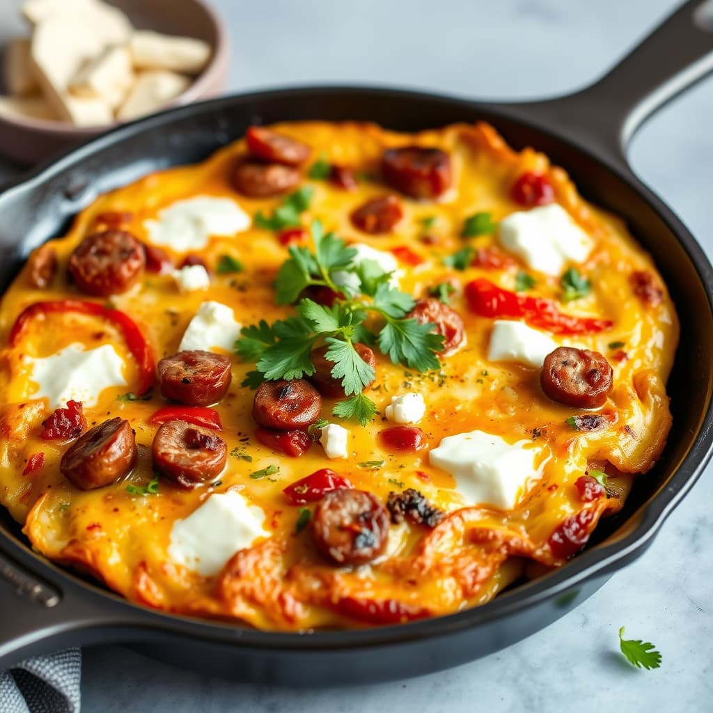 Pølse, rød paprika og feta-frittata