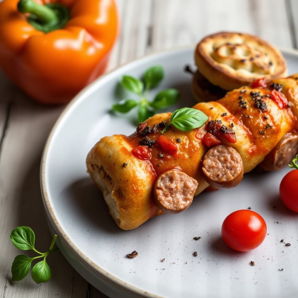 Pølse, surdeigsbrød og paprika-spiedini