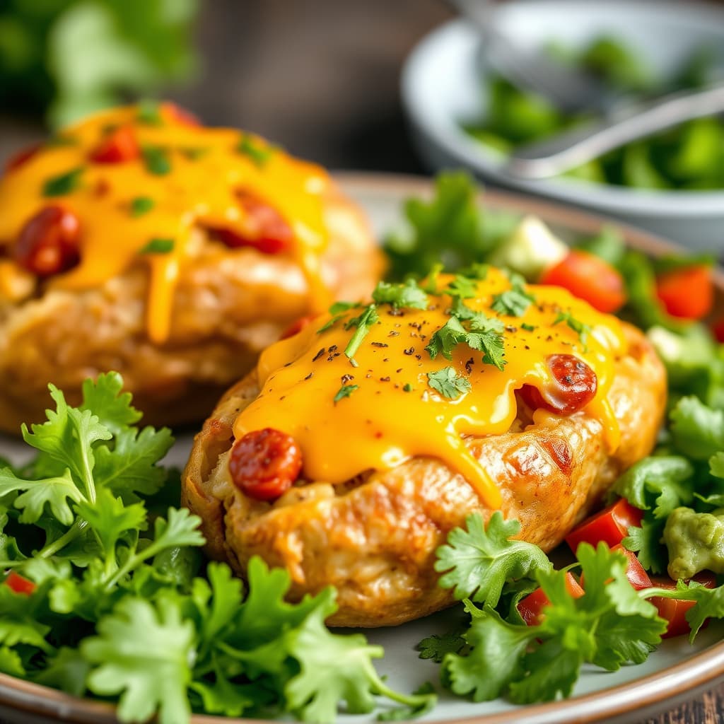 Pølsefylte poteter med grønn salat