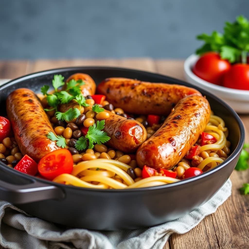 Pølsegryte med svarte øyne-bønner, romanosbønner og tomater