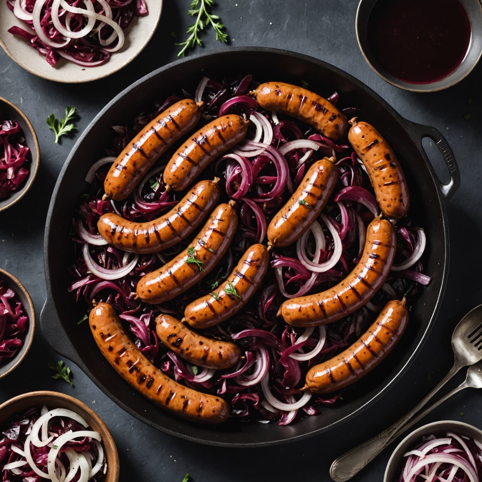 Pølser med karamelliserte rødløk og radicchio