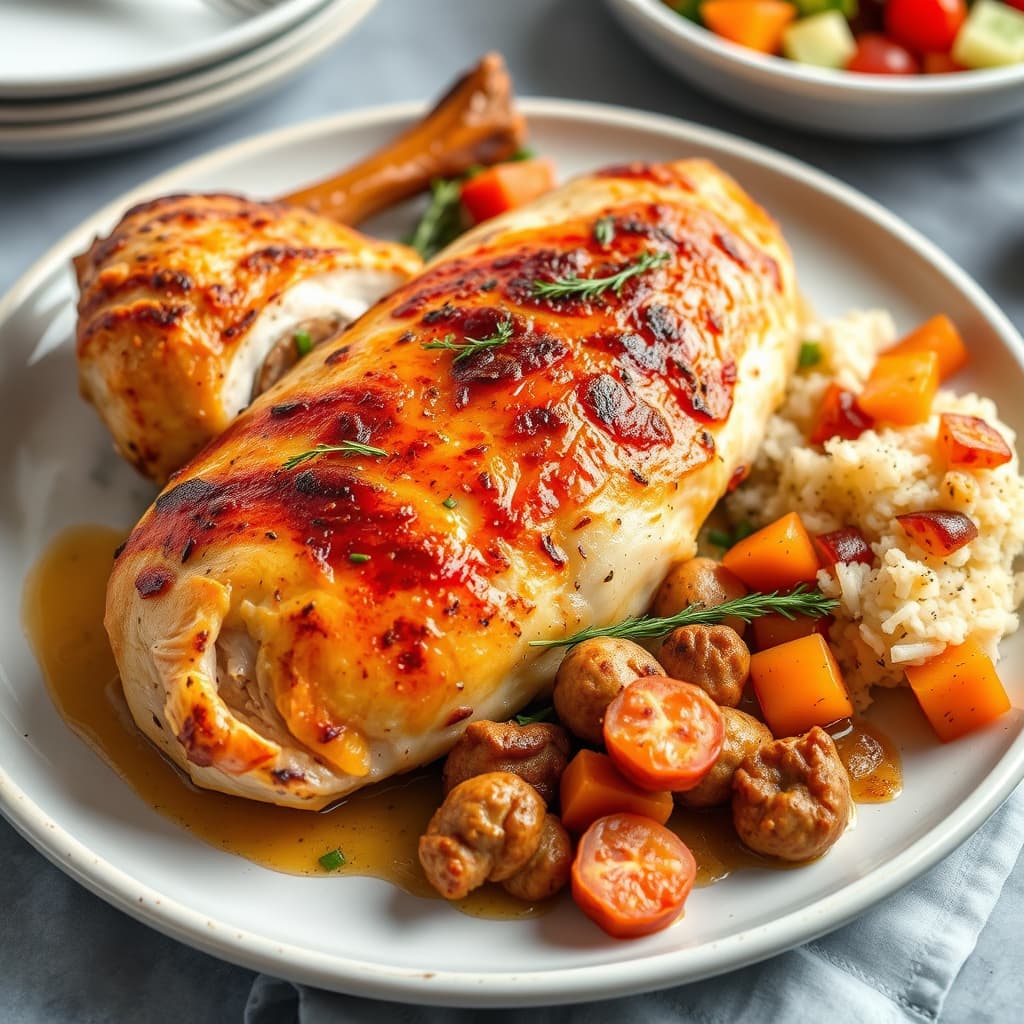 Pølsestuffet ovnsbakt kyllingbryst med tilbehør