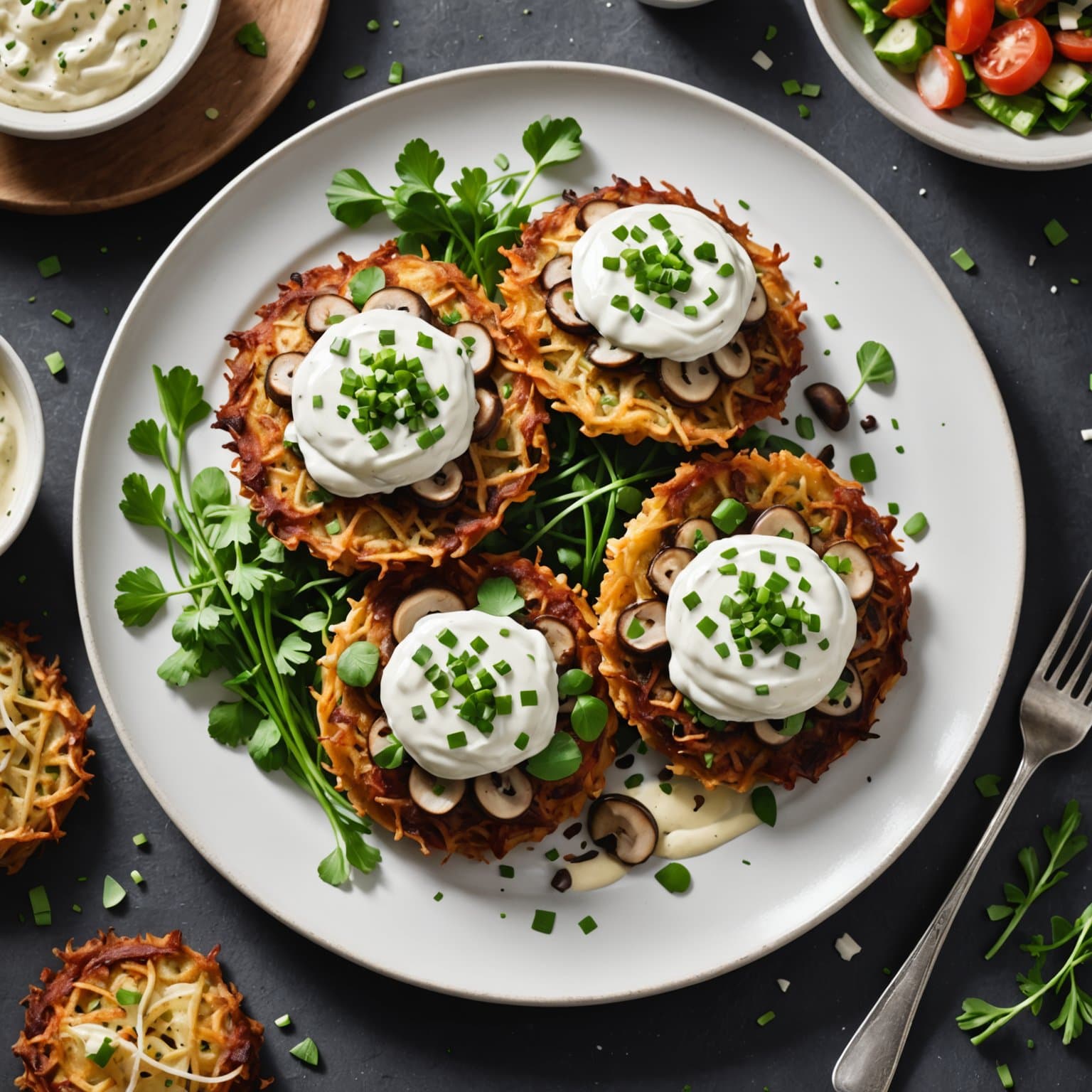 Porcini-sopper latkes med soppsalat og gressløk-«krem»