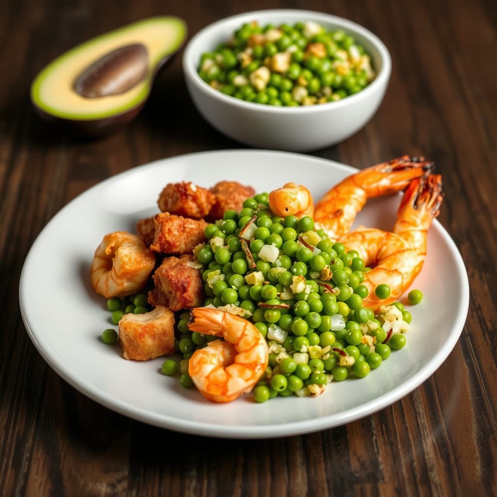 Pork Cracklin's, reker og grønn ertesalat