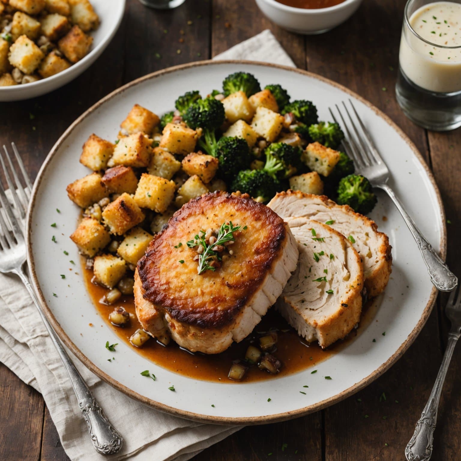 Porsjonssteker av svinekjøtt med parmesan-krust og maisbrødsfyll