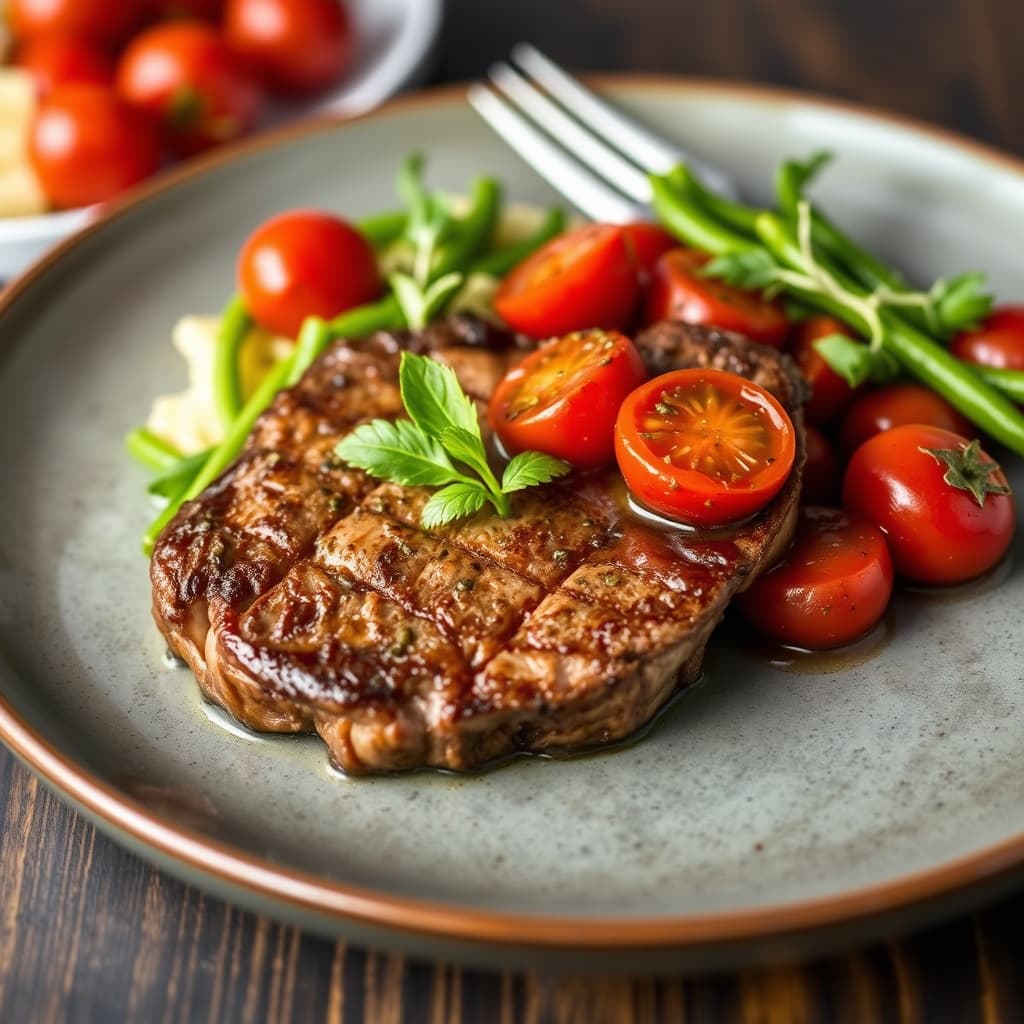 Porterhouse-biff med stekte cherrytomater i panne